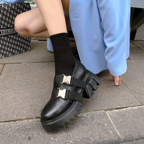 Spring 2021 New thick-soled lazy single shoes female British style leather pine cake shoes increased small leather shoes