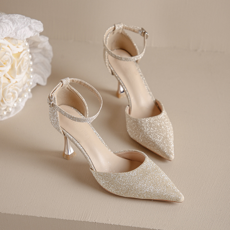 French Champagne-Colored Gold Wedding Shoes for Women, Stiletto Heels, Small Heels, Elegant Xiuhe-Style Wedding Dress, Bride High Heels, Comfortable for Feet