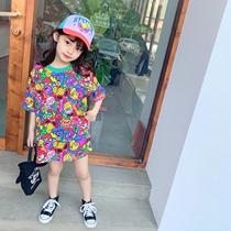 Summer childrens clothing girls medium-length loose short-sleeved dress western style Korean version of the female baby BIG big T-shirt skirt tide