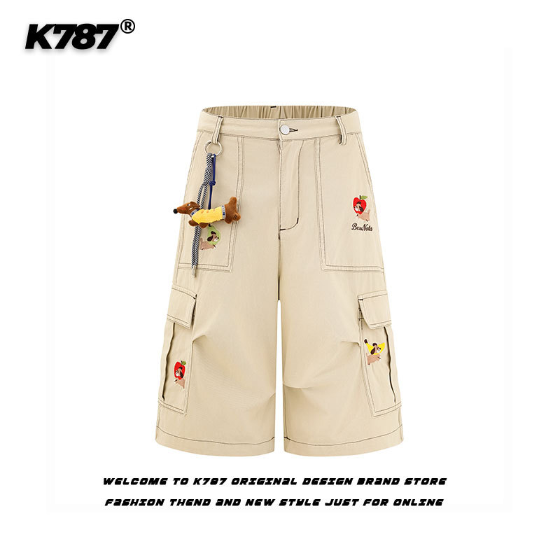 K787 American Retro Puppy Pendant Embroidered Multi-Flap Pocket Pants Workwear Cropped Pants for Men and Women Casual Loose Straight Shorts