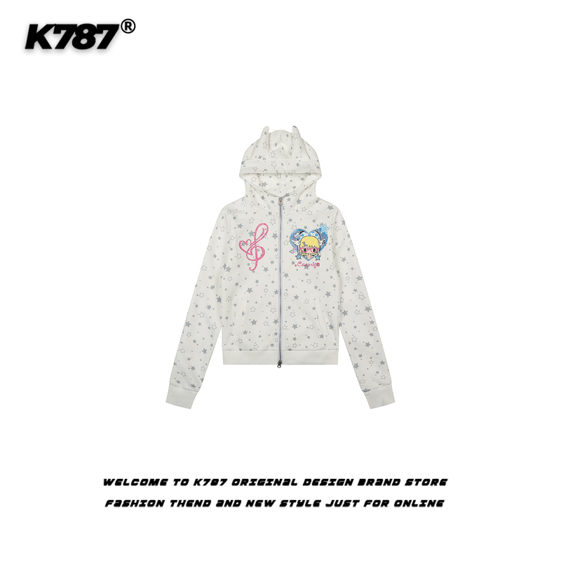 K787 American Retro Star Cartoon Girl Print Hooded Sweatshirt for Women, Age-Reducing Casual Lazy Style Zipper Jacket