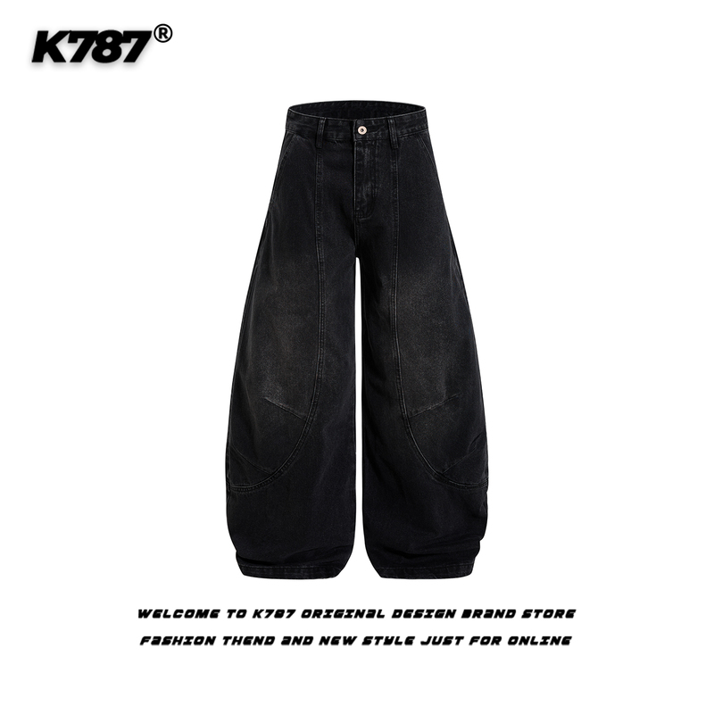 K787 American Retro Washed Distressed Scimitar Jeans Unisex Loose High Street Deconstructed Patchwork National Trend Wide-Leg Pants