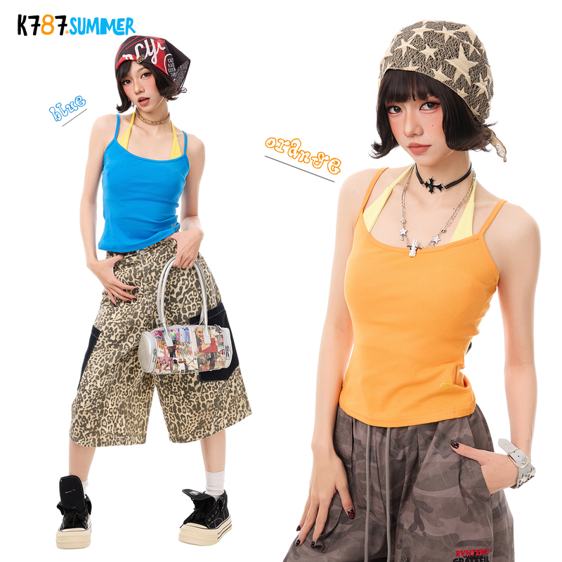 K787 Vacation Style American-Style Fake Two-Piece Halter Neck Sleeveless T-Shirt for Women, Waist-Cinching Hot Girl Top, Orange Camisole