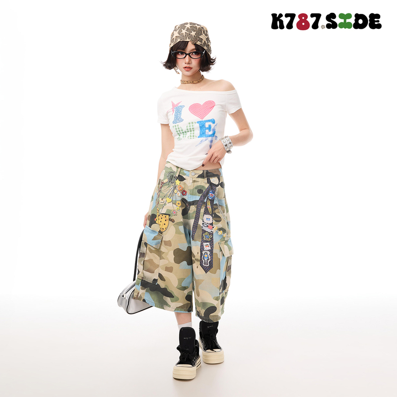 K787 Japanese-Style Versatile Cartoon Pattern Camouflage Casual Cropped Pants Unisex Loose Straight Wide-Leg Pants