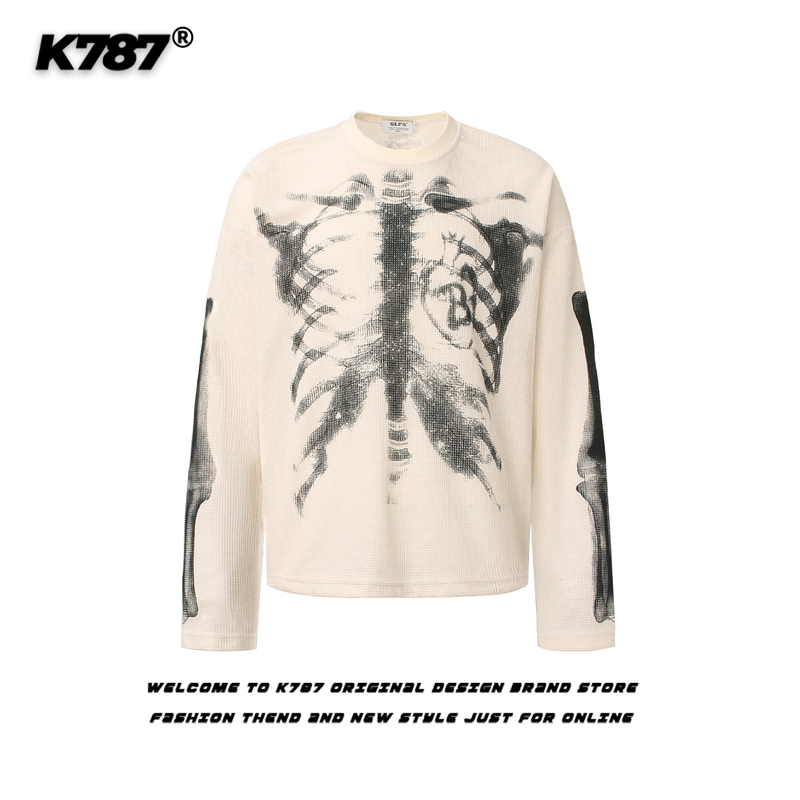 K787 American Street Style Skull Print Waffle Long-Sleeve T-Shirt for Men and Women, Trendy Brand, Loose Casual Top