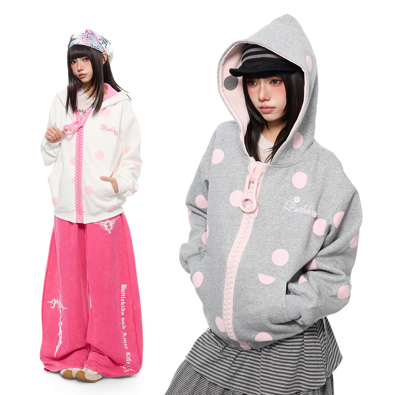 K787 Oversized Zipper Macaron Polka Dot Hooded Sweatshirt for Women, Light Asian Style Loose Zipper Hoodie Jacket K787 Oversized Zipper Macaron Polka Dot Hooded Sweatshirt for Women, Light Asian Style Loose Zipper Hoodie Jacket
