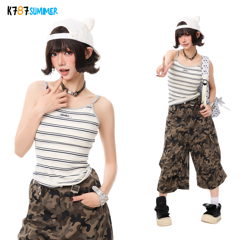 K787 Sweet and Spicy Girl Summer Casual Striped Camisole with Small Wings on the Back, Lightweight and Youthful Sports Tank Top