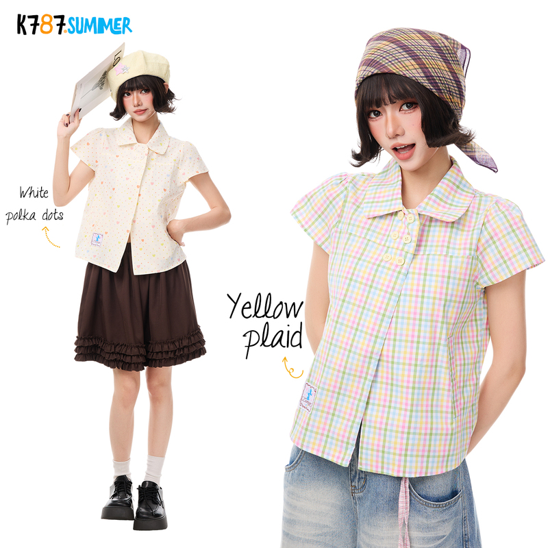 K787 Gentle Style Regular Shoulder Heart Polka Dot Short-Sleeve Shirt for Women Casual All-Over Print Age-Reducing Short Shirt Jacket