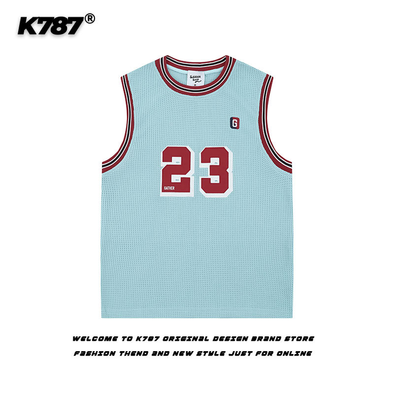 K787 American Retro Letter Embroidery Sleeveless Vest T-Shirt Unisex Sports Jersey Loose Undershirt Top