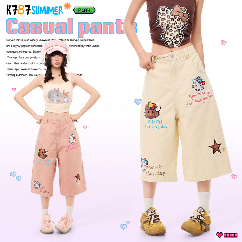 K787 Childlike Cartoon Cat Embroidered Casual Capri Pants for Women, Loose Leather Pink Workwear Straight Wide-Leg Shorts K787 Childlike Cartoon Cat Embroidered Casual Capri Pants for Women, Loose Leather Pink Workwear Straight Wide-Leg Shorts