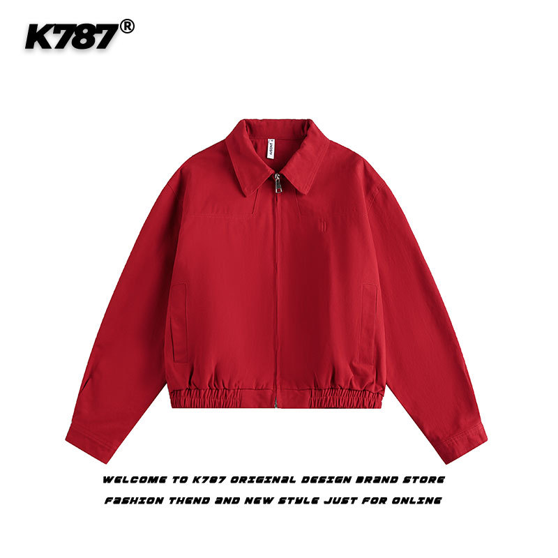 K787 American Retro Cleanfit Short Lapel Jacket Unisex Trendy Brand Loose Red Couple Biker Jacket