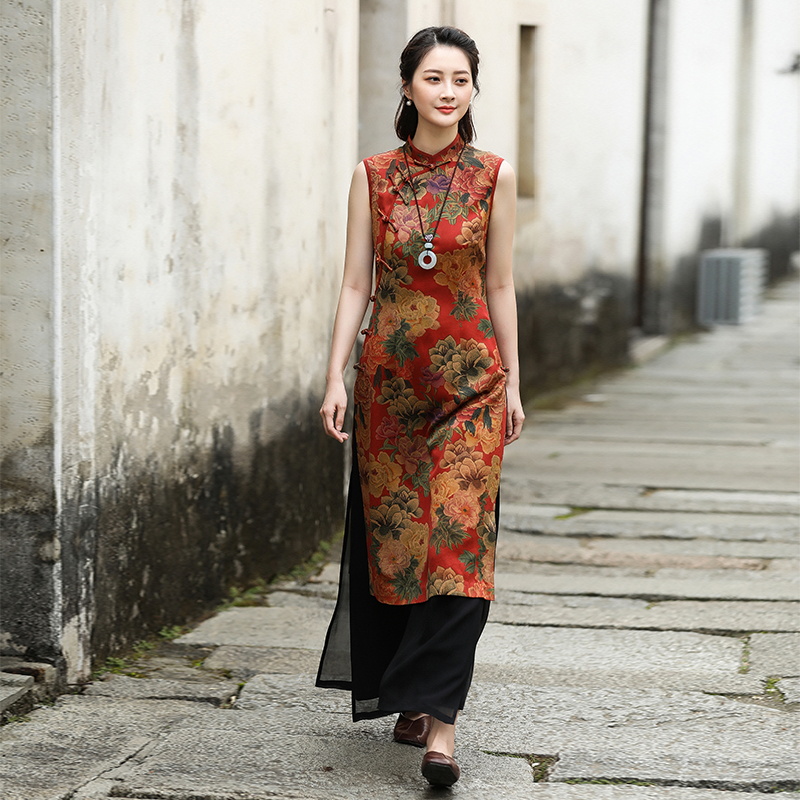 Heavy satin true silk qipao retro scented clouds veil woman high open fork sleeveless dress mulberry silk wedding toast gown