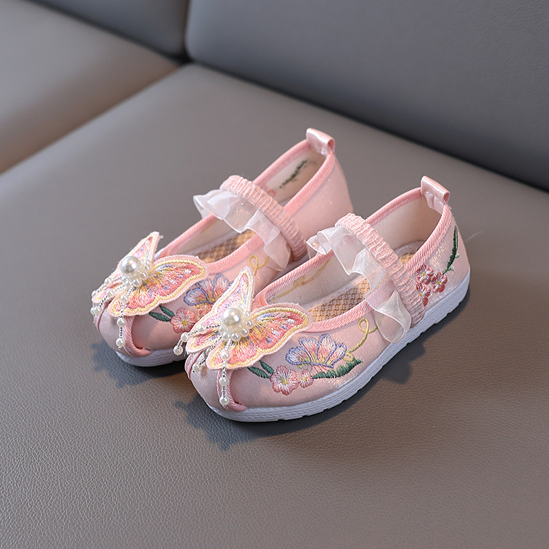 Spring Children's Hanfu Shoes, Girls' Traditional Embroidered Shoes, Baby Girls' Shoes, Chinese Style Embroidered Dance Shoes, Breathable Cloth Shoes