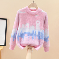 Girls mink fleece sweater autumn and winter 2021 new spring and autumn childrens middle-aged and older childrens warm sweater sweater for girls