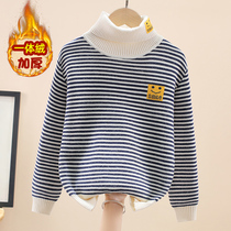 Girls one-piece fleece sweater middle and big childrens winter pure cotton knitted bottoming shirt high collar plus velvet warm childrens clothing