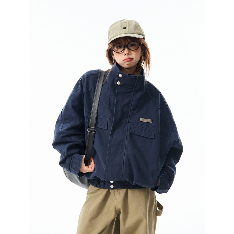 Maiako American Retro Distressed Stand-Up Collar Work Jacket for Women, Spring Design, Loose and Versatile Flight Jacket