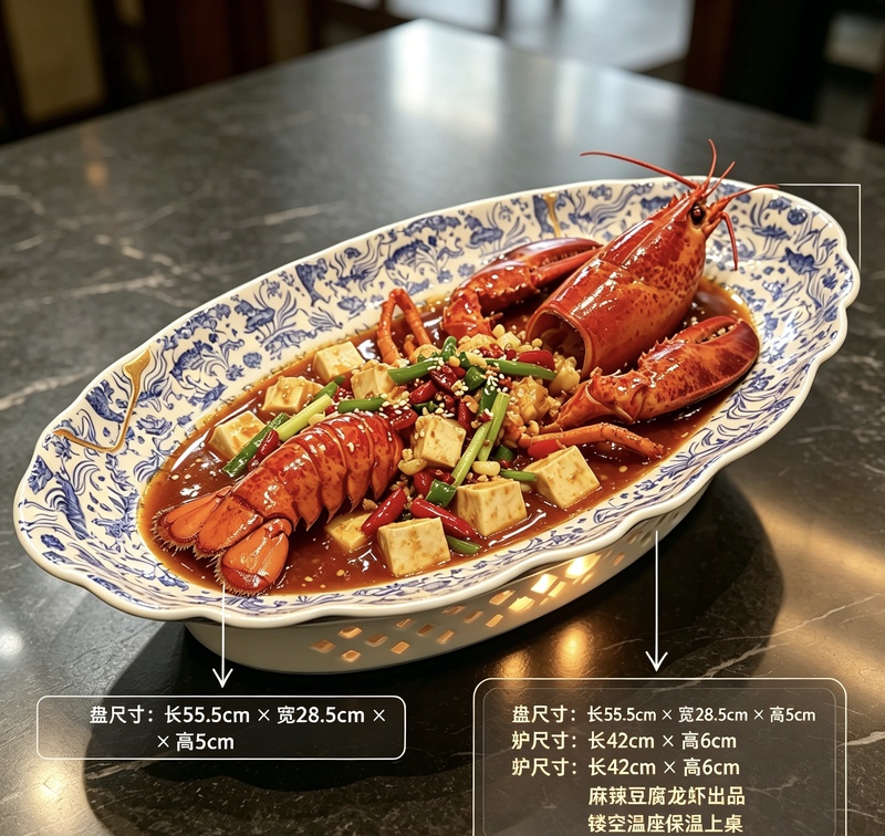 Blue and White Vintage Fish Scale Pattern Lobster Mapo Tofu Style Seafood Platter Cold Dish Tableware Blue and White Vintage Fish Scale Pattern Lobster Mapo Tofu Style Seafood Platter Cold Dish Tableware