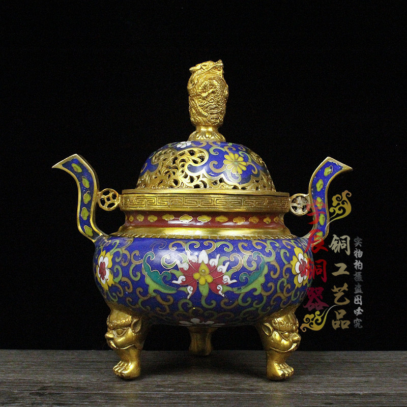 中国 古七宝琺瑯彩 花唐草文 三足蓋爐 香炉 M R8546 中国 古七宝琺瑯彩