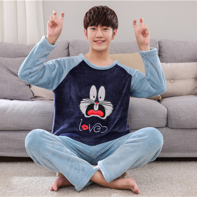 Đồ ngủ nam nam dày mùa đông cộng với nhung ấm san hô lông cừu mùa đông flannel XL cộng với phân bón mã 230 kg nguyên chất đồ bộ cao cấp
