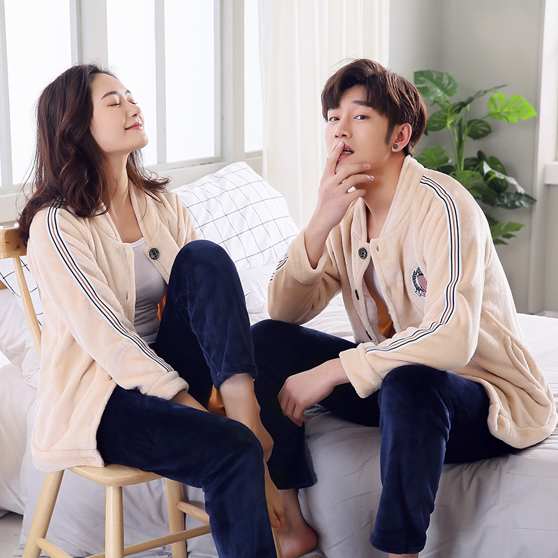 Đồ ngủ nữ mùa thu và mùa đông Hàn Quốc lông cừu san hô dày nam cardigan dễ thương chất béo mm flannel phù hợp với cặp đôi đồ mặc nhà cao cấp