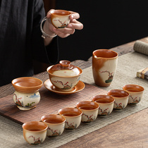 Meet and meet tea set home living room simple ceramic firewood porcelain glaze kung fu tea set retro Chinese style