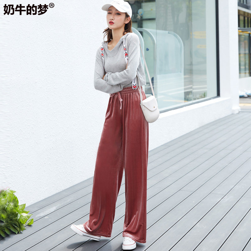 垂坠感金丝绒阔腿裤女2019秋冬高腰长裤宽松韩版休闲运动裤女加绒