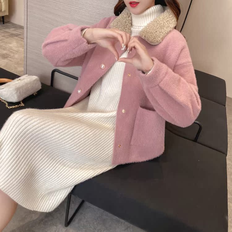 景绪仿水貂绒毛衣外套女冬加厚2019新款韩版宽松针织开衫秋冬百搭