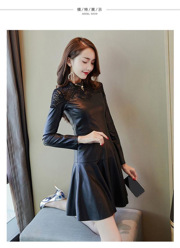 Mùa thu đông 2018 mới nhất Slim OL khí chất ren đáy váy cộng với nhung dày cổ tròn váy da PU 	váy quấn eo