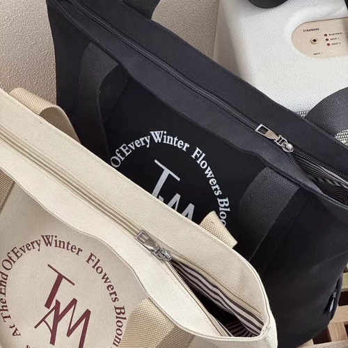 Корейская молния оригинального дизайна 𫔀Дорожная сумка из утолщенной парусины Tote литературно-простая повседневная сумка 𫔮Универсальная студенческая сумка через плечо