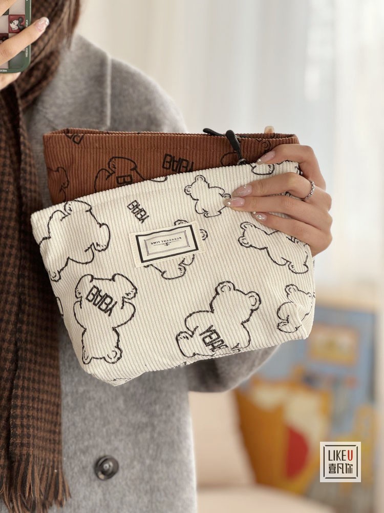 オリジナル自家製秋と冬の韓国語バージョンかわいいクマレトロシンプルなコーデュロイ化粧品袋ポータブルクラッチバッグ収納袋