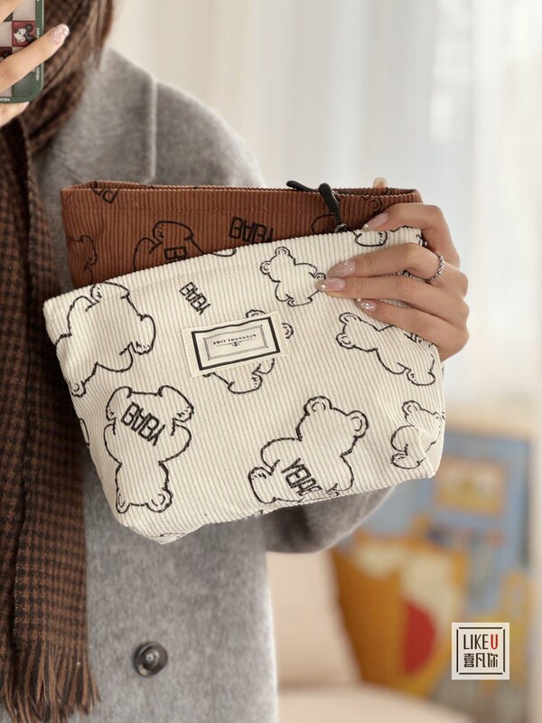 Original LAOSHU Thickened Korean-Style Cute Bear Vintage Simple Corduroy Cosmetic Bag Portable Clutch Storage Bag