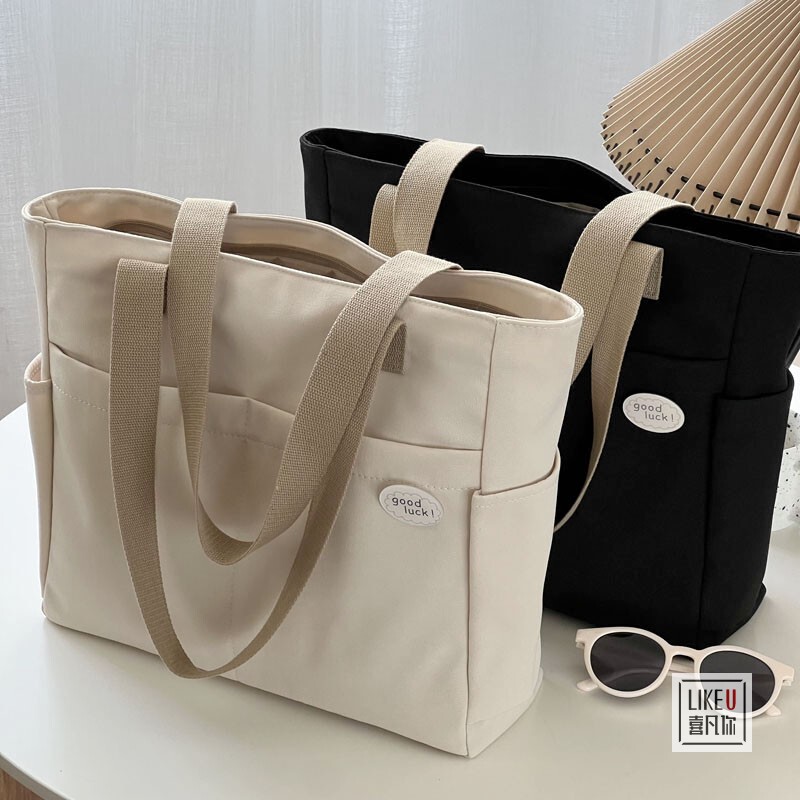 Original Design Japanese-Style Zipper Commuter Thick Canvas Tote Bag Casual Literary Student Simple Shoulder Handbag