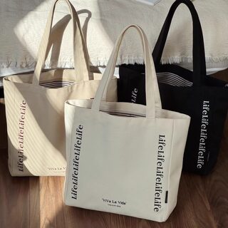 Japanese and Korean Style Simple English Print Canvas Shoulder Tote Bag for Daily Casual Use, Versatile for Students and Commuting