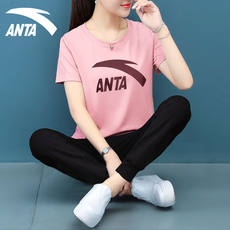 Anta Sports Suit Women's Summer Short Sleeve Trousers and Short-sleeved Trousers Two Piece Set 2021 New Loose Running Casual Women's Wear