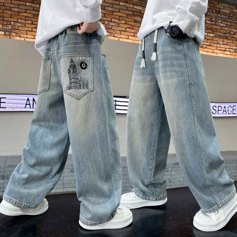 男の子用ストレートレッグジーンズ、2026年春秋新作、子供用M～Lサイズゆったり成長パンツ、夏用薄手スタイル