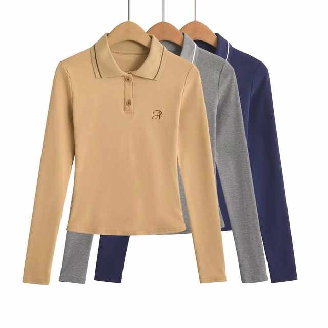 Xiaoru European and American Style Polo Collar Color-Blocked Letter Embroidery Long-Sleeve T-Shirt, Autumn Versatile Navy Blue Base Shirt That Enhances Complexion