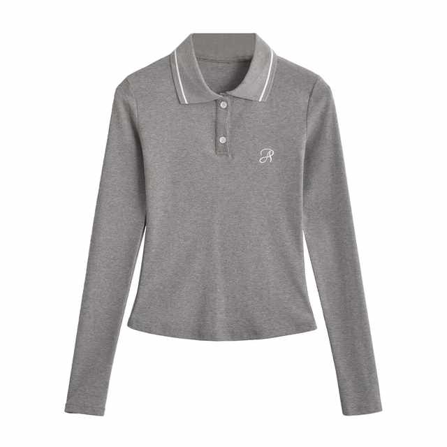 Xiaoru European and American Style Polo Collar Color-Blocked Letter Embroidery Long-Sleeve T-Shirt, Autumn Versatile Navy Blue Base Shirt That Enhances Complexion