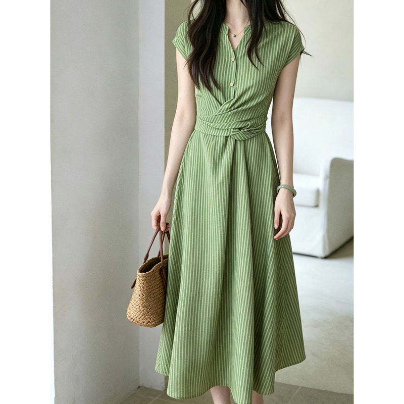 Susujia 2026 Summer New Cotton and Linen Elegant Tie-Up Commuter Dress in Grass Green with Waist-Cinching Stripes, Long Style Susujia 2026 Summer New Cotton and Linen Elegant Tie-Up Commuter Dress in Grass Green with Waist-Cinching Stripes, Long Style