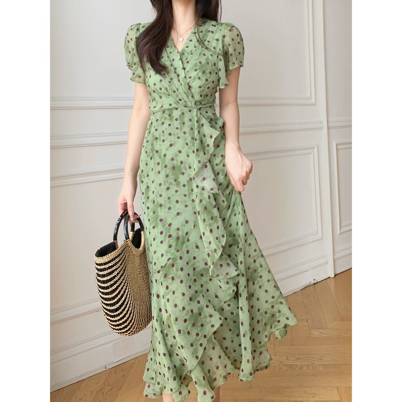 Susujia 2026 Summer New Matcha Polka Dot French Retro High Waist Ruffled Dress