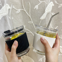 Glass straw cup milk coffee cup with cover mesh red ins wind portable female accompanying cold-extracted milk tea cup water mug