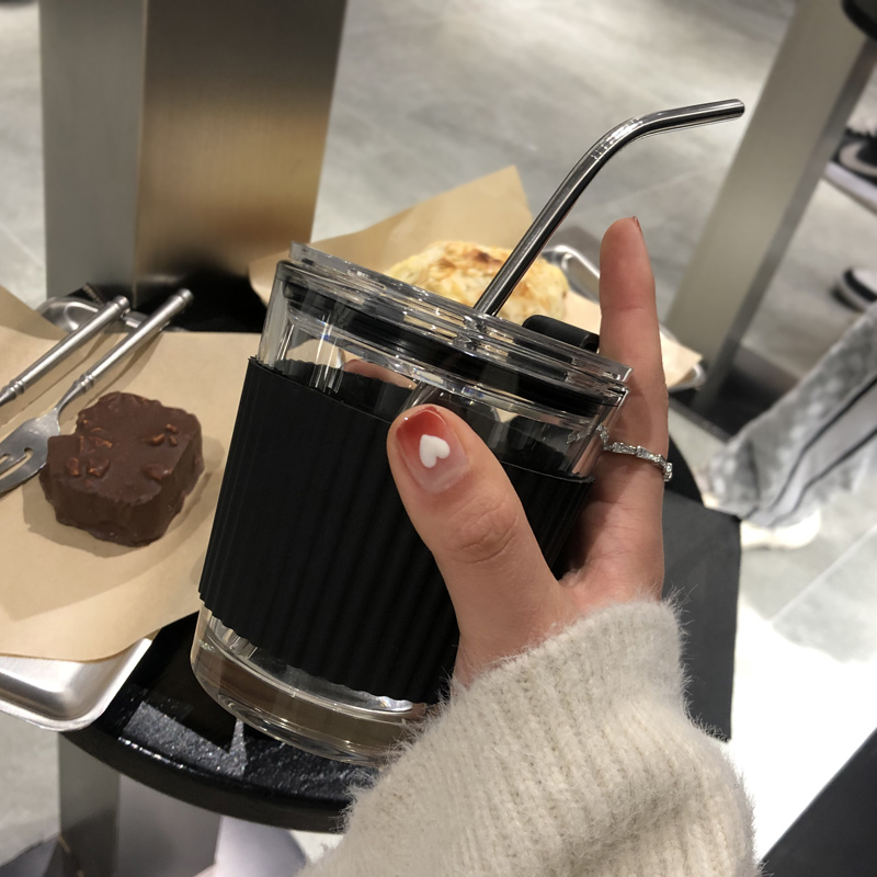 Cold Brew Fresh Forest ins Coffee cup Transparent glass with lid Straw cup Mini small portable water cup