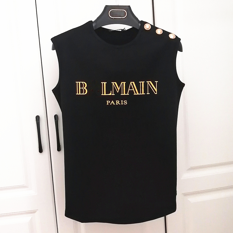 Black Gold Buckle Sleeveless Vest for Women, Fashionable Top with Gold and Silver Lettering in Black and White