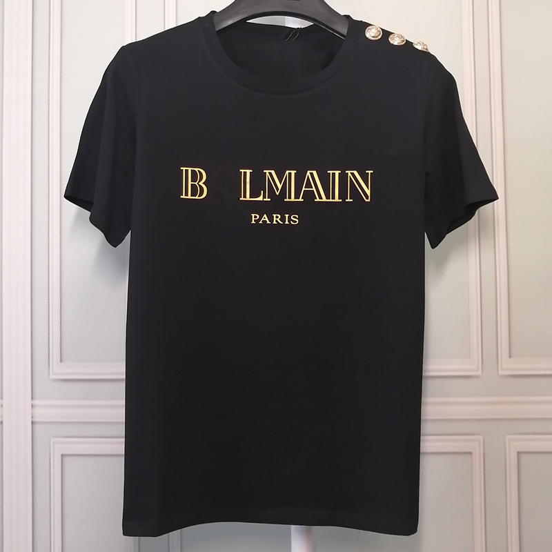 Light Luxury Style Gold Foil Letter T-Shirt for Women, Short-Sleeved, Shoulder Metal Buckle Decoration, Pure Cotton Round Neck Top