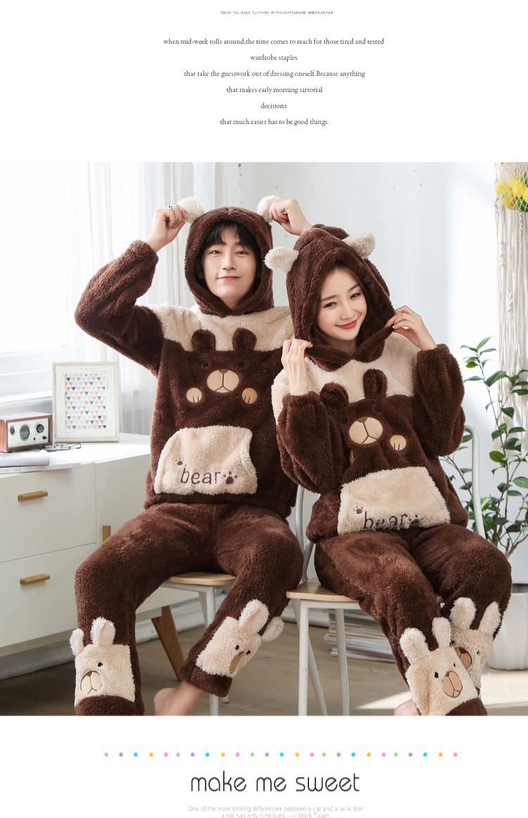 Coral fleece vài bộ đồ ngủ phụ nữ mùa đông dày phim hoạt hình gấu nâu Kenny thỏ trùm đầu flannel nam dịch vụ nhà phù hợp bộ đồ thể thao nữ