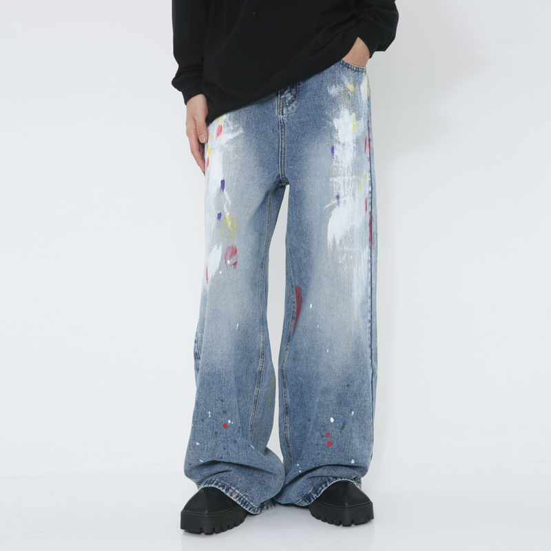 Celebrity Style American High Street Niche Design Graffiti Loose Straight Wide-Leg Floor-Length Jeans for Men and Women
