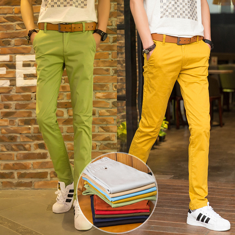 Summer Thin Yellow Men's Casual Pants Green Korean Style Slim Fit Tapered Slimming Pure Cotton Stretch Colorful Long Trousers