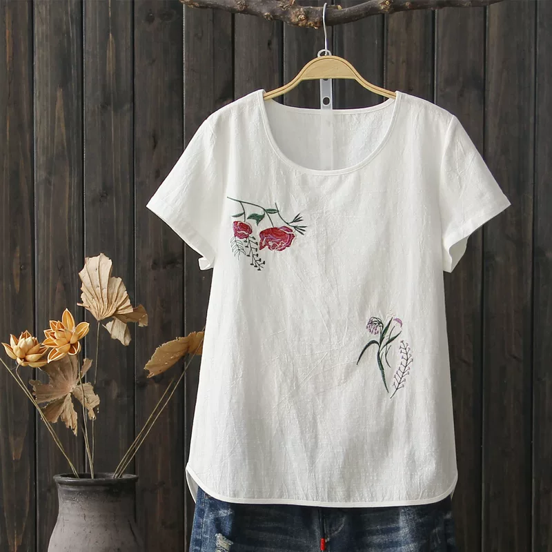 2018 mùa hè của phụ nữ nghệ thuật văn học hoang dã thêu T-Shirt nữ ngắn tay vòng cổ áo thun lỏng giả cotton và linen áo t-shirt