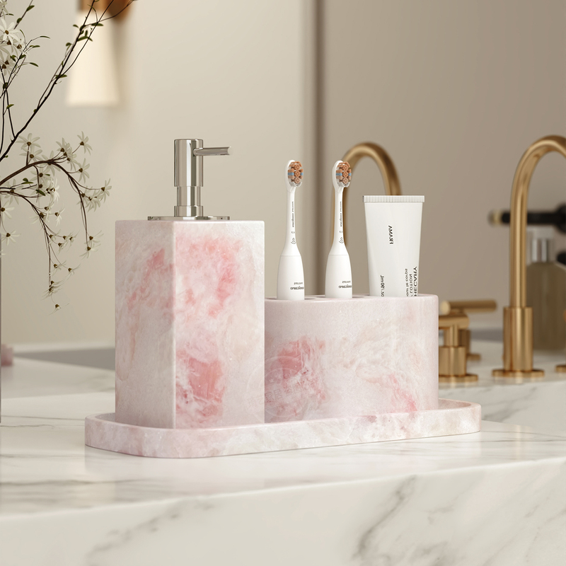 Natural Stone Rainbow Rose Home Hotel Bathroom Electric Toothbrush Holder Hand Sanitizer Bottle Tray Toiletry Storage Set