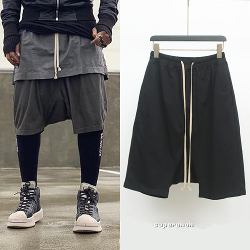 Dawnhin Dark Trendy Summer Thin Basic Versatile Ro Black Five-Point Harem Shorts with Suspenders