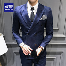 Romon double-breasted suit mens suit business dress handsome striped suit three-piece groom wedding dress tide